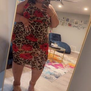 Fashion Nova One Shoulder Leopard Dress with Red Floral Design